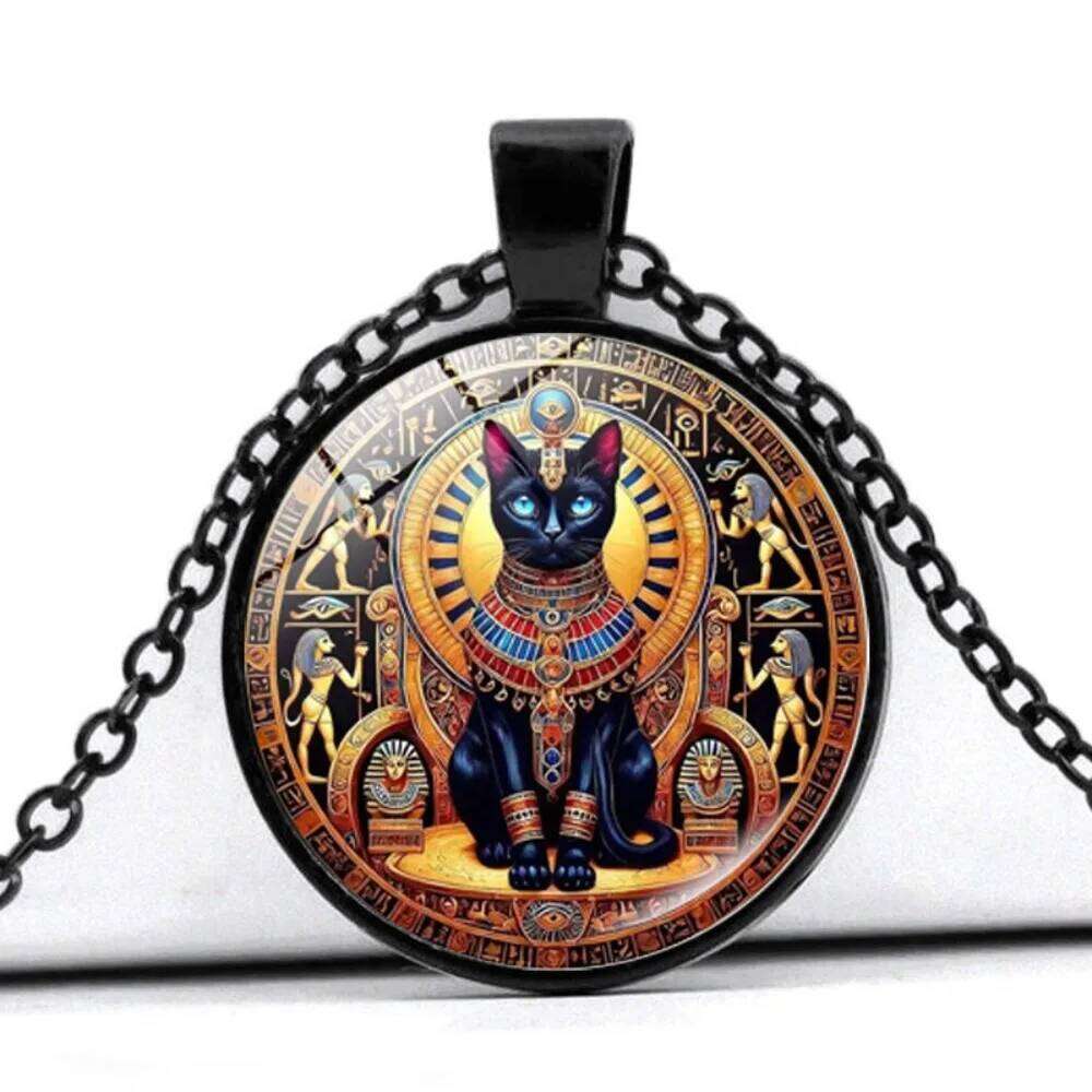 Ancient Egyptian Geometry Circle Buster Cat Time Gemstone Pendant Necklace for Women Retro Sweater Chain Animal Creative Jewelry H260312