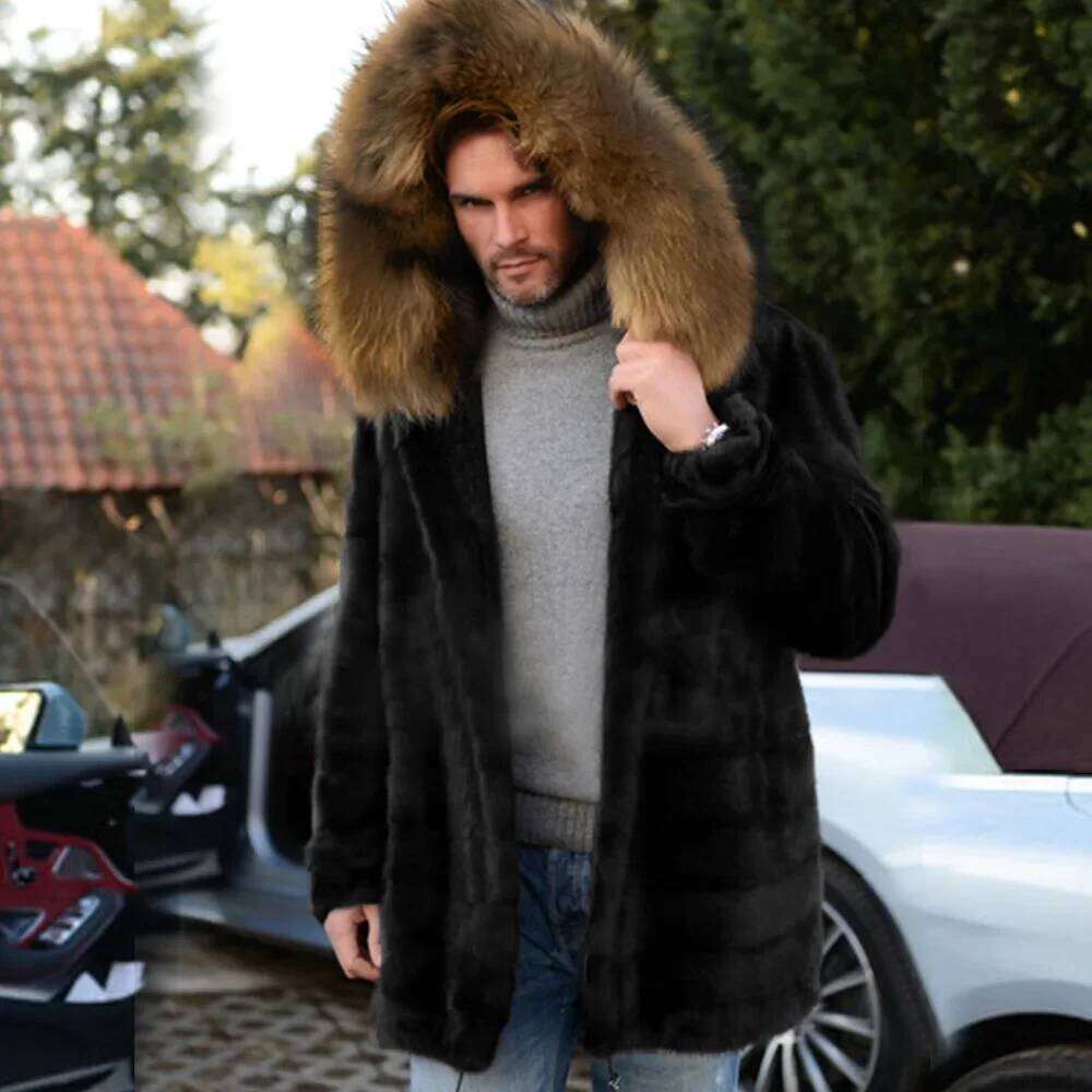 Mens Imitation Fox Coat Artificial Men's Warm Autumn Winter Cold Resistance Mid-Long Black Casual Faux Fur Z260313