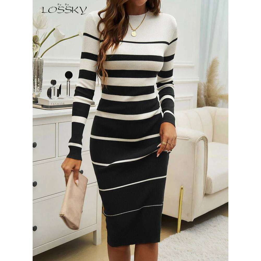 Women Sweater Long Dresses,2024 Autumn Steiped Casual Dress,Women Clothing,dresses 2024 Women,Long Sleeve Dresses Z260314