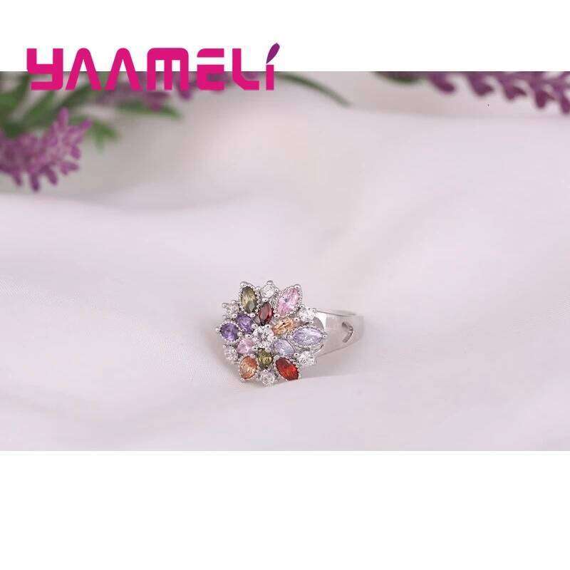 Summer Flowers Finger Rings for Women Gifts 925 Sterling Silver Rainbow Colored Cubic Zircon Stone Sparkling Jewelry H260312