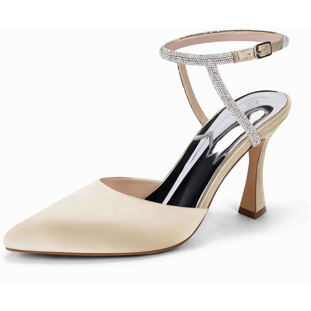 Women Rhinestone Heels Kitten High Satin Pumps Pointed Toe Sparkly Sexy Wedding Dress Shoes MOJIDASHU