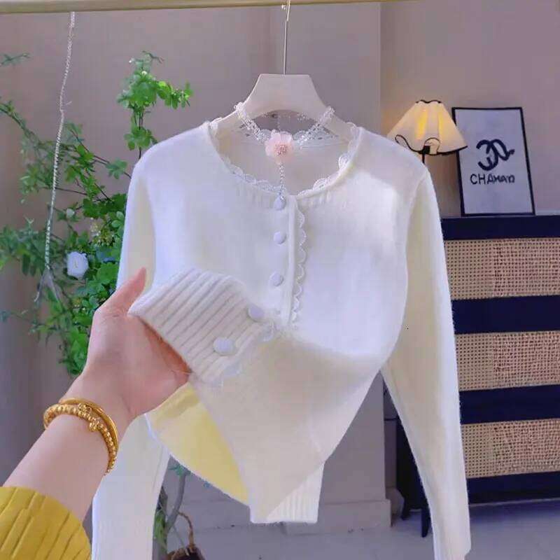 Spring Autumn Splicing Lace Design Sweater For Women New Korean Loose Slim Single Breasted Style Knitted Cardigan Top Z260313