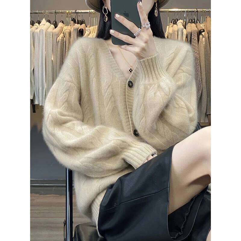 New 100% Merino Wool V-neck Button Jacquard Cardigan Fashionable Soft Classic Loose Women Autumn Winter Cashmere Knitwear Coat Z260313