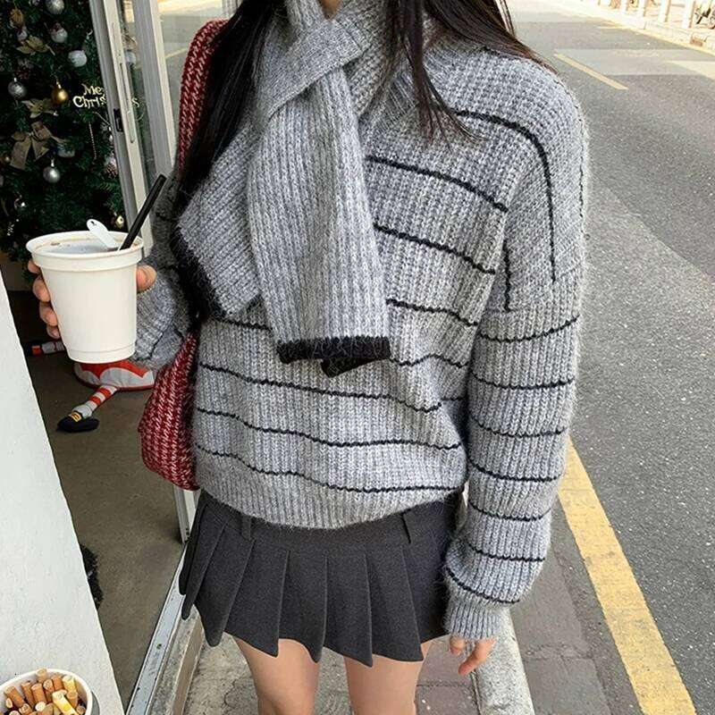 2025 Autumn Fashion Winter Pullover Stripe Sweater Warm Women Long Sleeve Scarf V-neck Elegant Loose Knitted Top Fall Knitwear Z260313