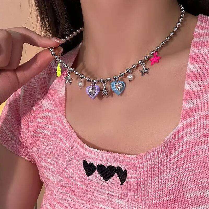 Korean Fashion Colorful Star Pearl Crystal Pendant for women Aesthetic Jewelry Beaded Necklace Clavicle Chain Y2K H260312