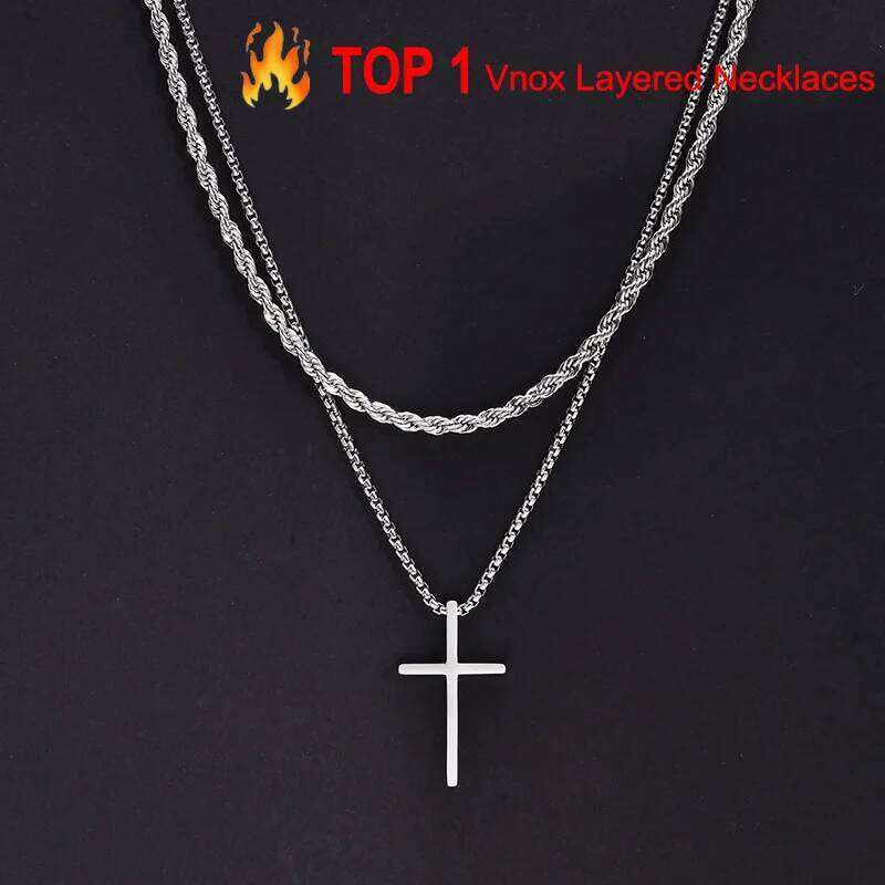 Vnox Mens Necklaces, Stainless Steel Layered Plain Cross Pendant, Rope Box Chain Necklace, Simple Prayer Jesus Collar H260312