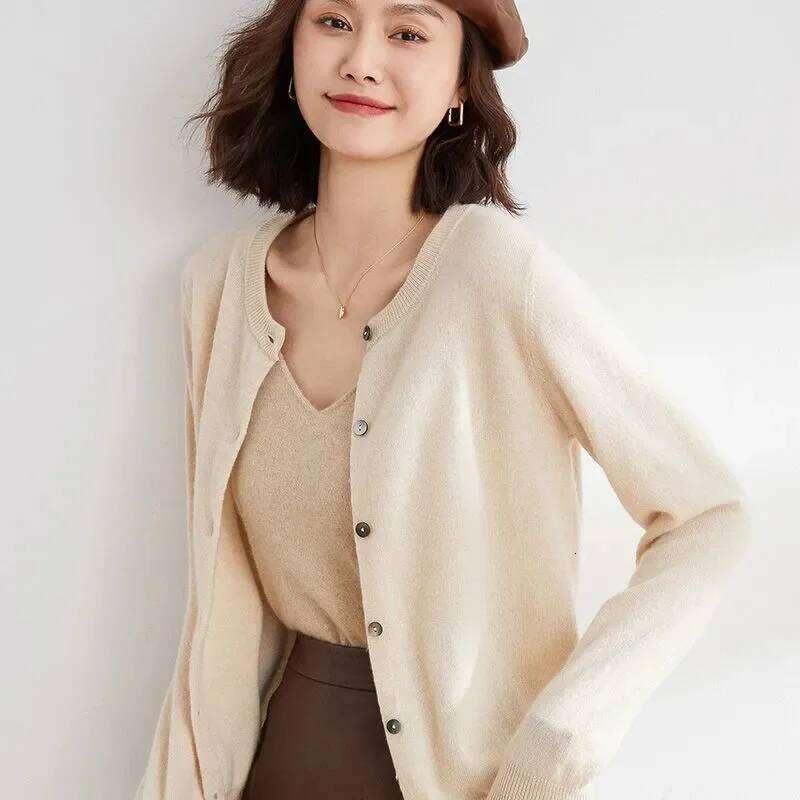 Knitted Cardigan Button Jacket 2024 Autumn Winter O-neck Long Sleeve Casual Short Tops for Women Sweater Grey White Z260313