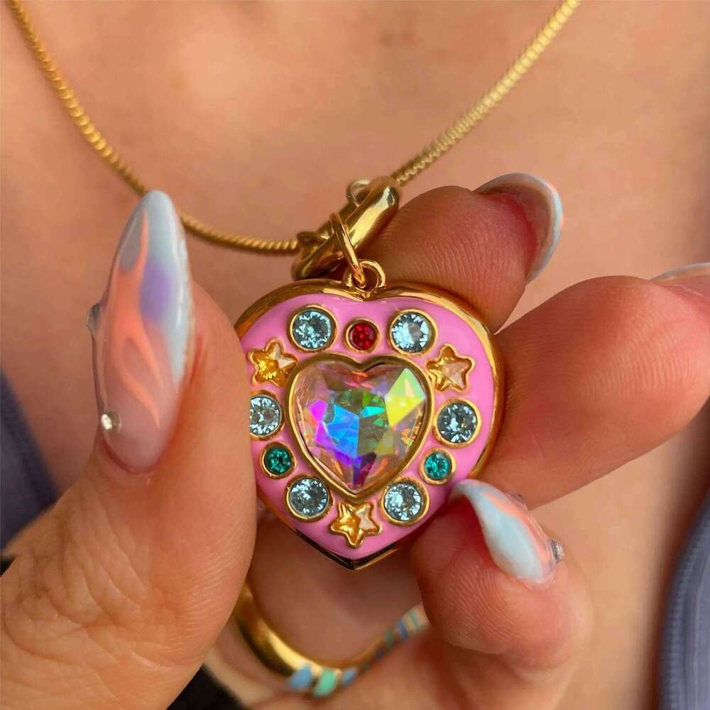 Pink Drip Glaze Heart-shaped Star Photo Locket Necklace Colorful Crystal Openable Pendant Necklaces Women Memorial Jewelry Gifts H260312
