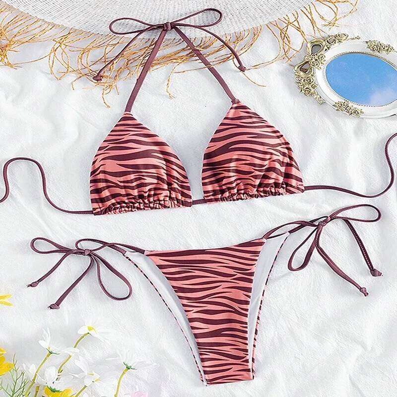 zebra striped micro bikini women halter push up bra triangle swimsuit Brazilian summer bathing swimwear 2024 swimming suit Y260303