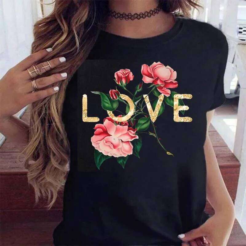 New Gold Letter Love Print T Shirt Female Short Sleeve Tops 90s Girls Black T-shirt Women Casual Tee Shirts Z260314