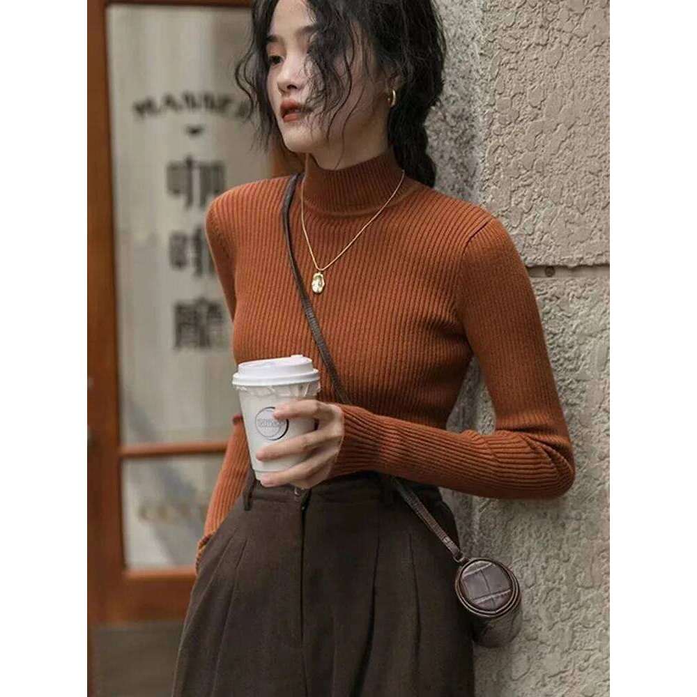 Autumn Winter 2025 Women Long Sleeve Knitted Turtleneck Ribbed Pull Sweater Soft Warm Femme Jumper Pullover Z260313