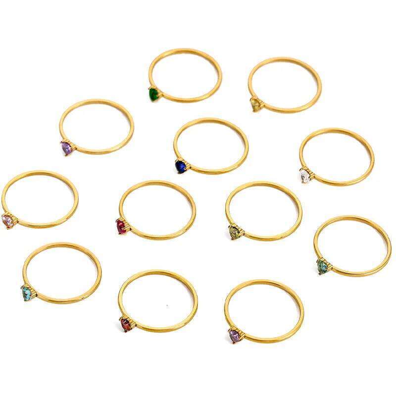 CARLIDANA Birthstone for Women Birthday Gifts Jewelry Gold Plated Stainless Steel Months Peach Heart Zircon Rings H260312