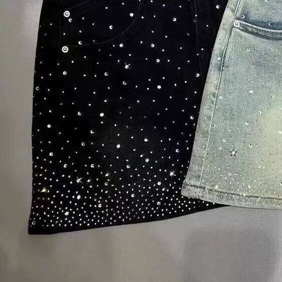 Starry Hot Rhinestone for Women 2024 Summer New Retro Slimming a-Line Sheath Denim Skirt Z260314
