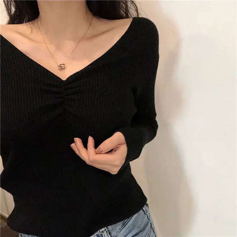 Women Sexy V Neck Sweater Autumn Knitted Pullover Jumper Chic Soft Slim Long Sleeve Female Basic Top New Winter Z260313