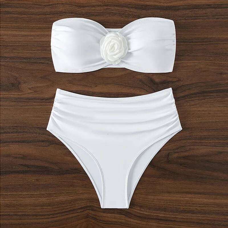 sexy 3D flower white bandeau bikinis sets two pieces high waist swimsuit padded thong swimwear female bathing suit biquini Y260303