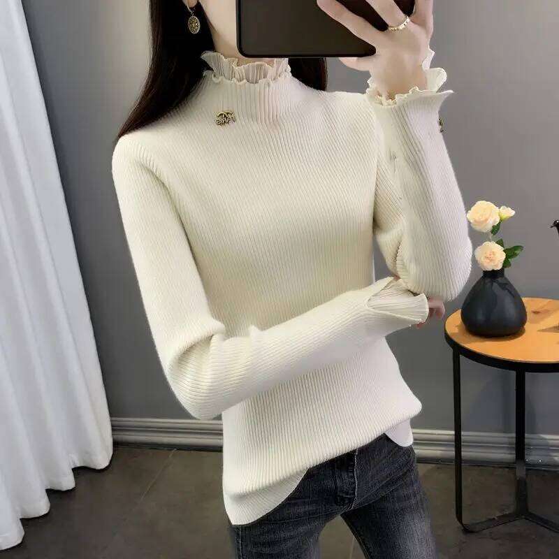 Underlay Women's Autumn and Winter High Neck Sweater 2023 New Lace Net Red Popular Advanced Fashion Age Reducing Top Z260313