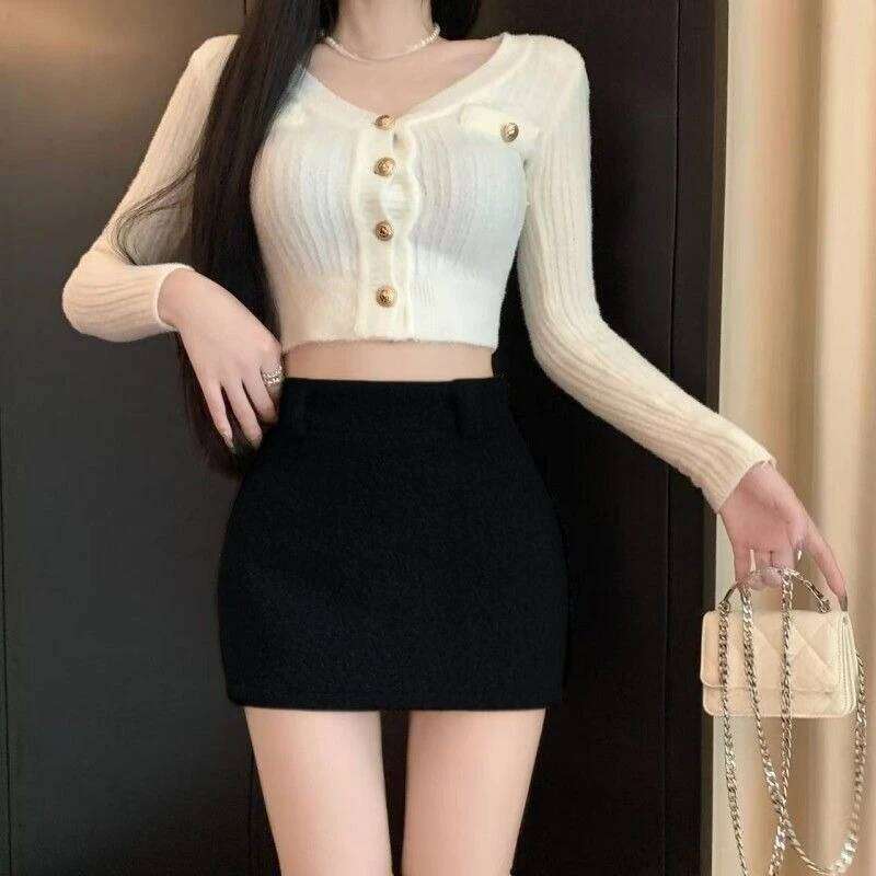 OCEANLOVE Woolen Skirts Women Solid A-line Vintage Autumn Winter Mini Skirt Korean Fashion High Waist Versatile Faldas Mujer Z260314