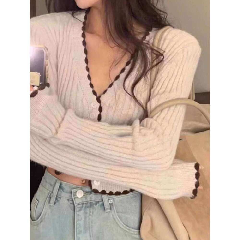 Ribbed Knit Button Up Cardigan for Women Long Sleeve Contrast Hem Crop Top Sweater Jacket Teen-girl Y2K Outfit Z260313