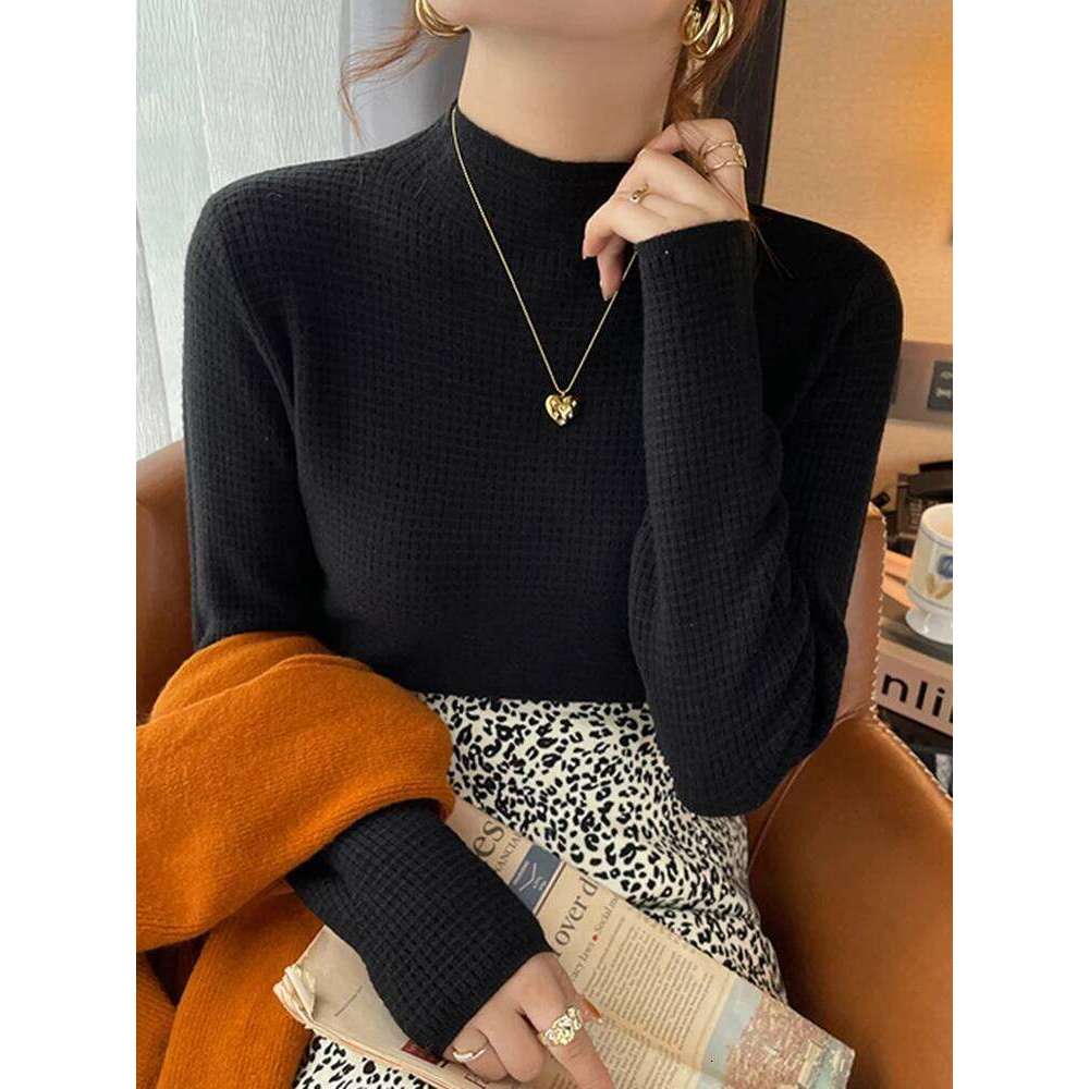 Women Autumn Winter Turtleneck Sweater Vintage Solid Waffle Pattern Knitted Female Sweaters Tops Casual Slim Pullover Jumpers Z260314