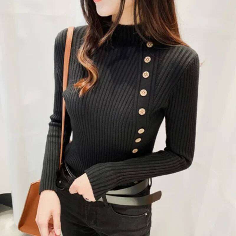 Spring Autumn Mock Neck Skinny Elastic Knitted Shirt Women Pullover Sweater Tops Female Long Sleeve Slim Knit Shirts Knitwear Z260313