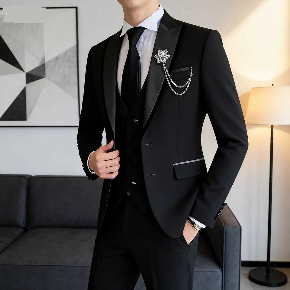 Mens Solid Slim Fit 3-Piece Business Suit Set wiTH Blazer VEST And Pants for Wedding Party Fashion Tuxedo a02 M260313