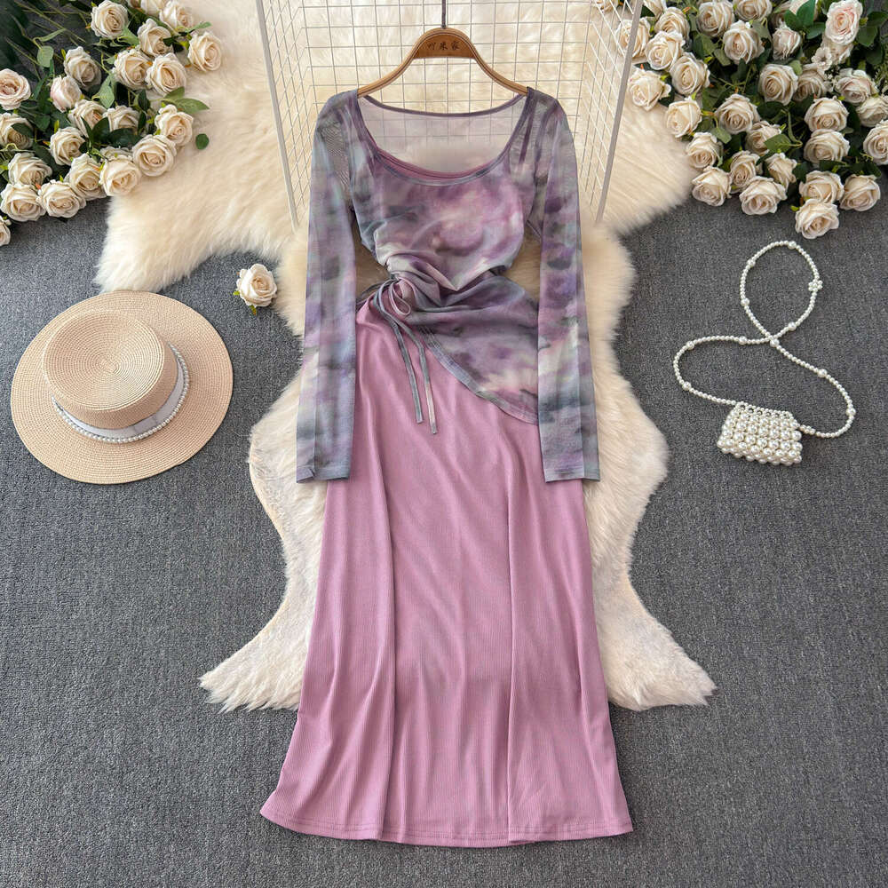 Light colored mature style drawstring irregular mesh print off shoulder T-shirt retro solid color camisole skirt two-piece set