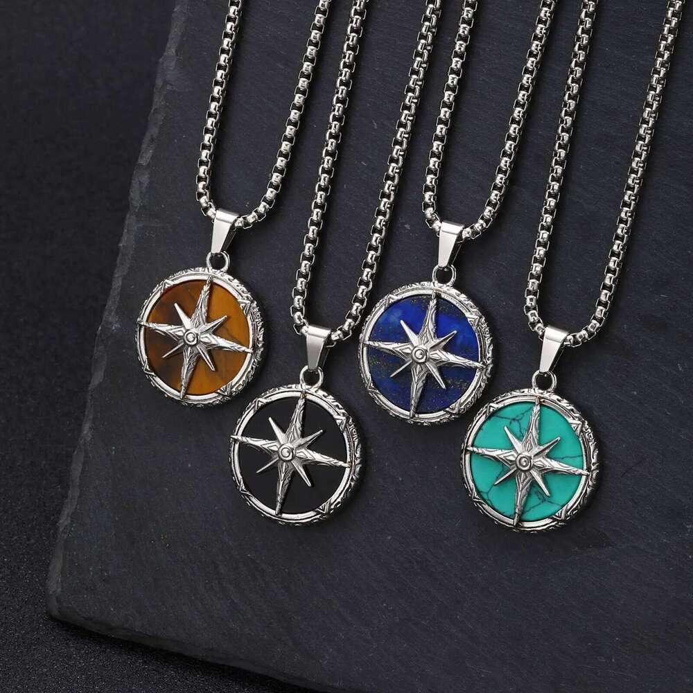 Stylish Natural Stone Necklace for Men,Eight-pointed Star Round Pendant Necklace,Cool Punk Birthday Father Gifts H260312