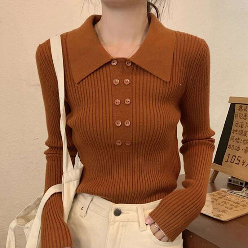 Turn-Down Collar Ribbed Pullover Sweater Women Autumn Winter Slim Long Sleeve Soft Warm Sweaters Ladies Knitted Tops Z260314
