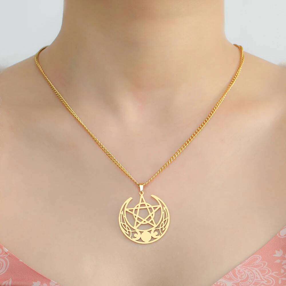 Dawapara Vintage Interted Pentagram Pentacle Pendant Crescent Moon Phase Wiccan Amulet Stainless Steel Necklace H260312