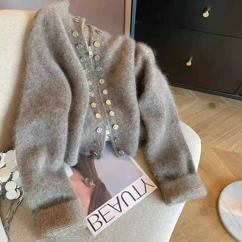 Grey Vintage Sweater Cardigans For Women Autumn New High Collar Double Breasted Knitted Coats Simple Elegant Female Knitwear Top Z260313