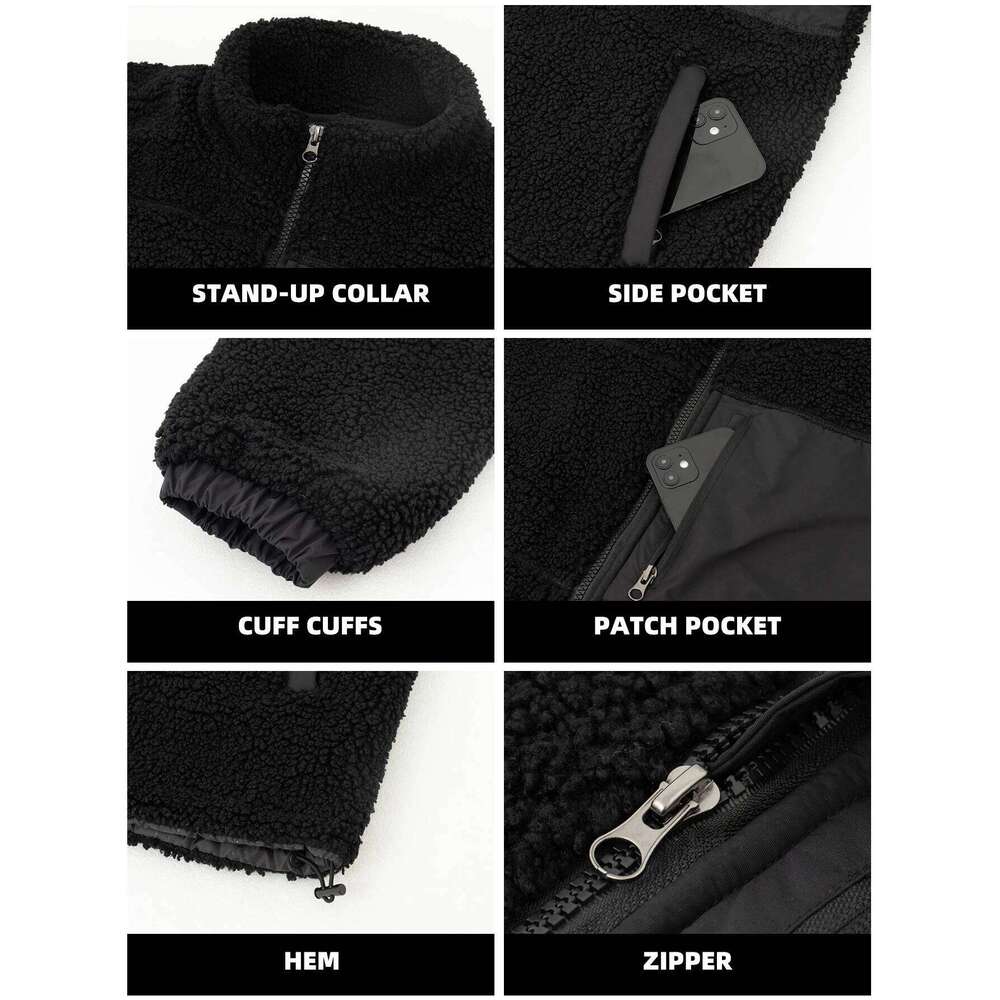 Men's Faux Fur Long Sleeve Warm Polyester Polar Fleece Cotton Padded Coat Full-Zip Thick Stand Collar Jacket with Pockets Z260313