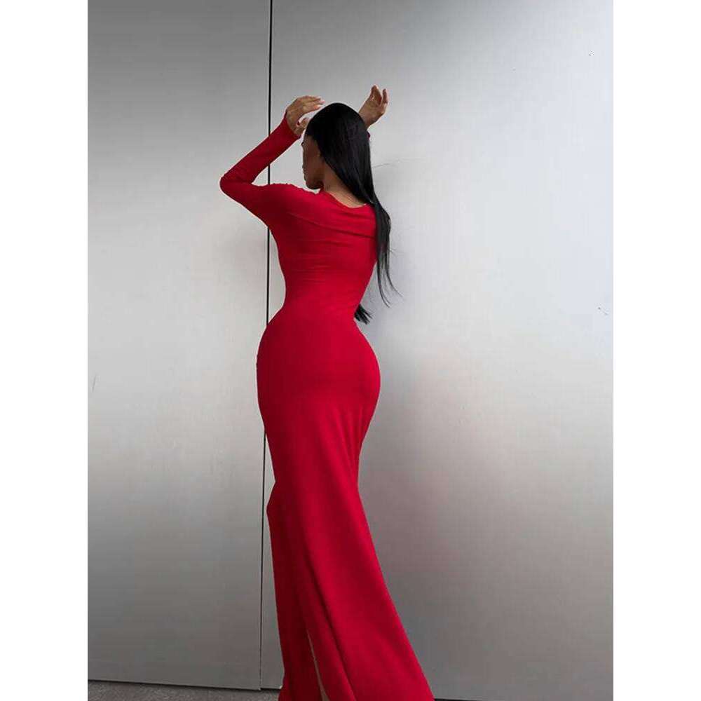 Party Dresses For Women Fashion Sexy Solid Full Sleeves O-Neck Split Bodycon Sheath Long Vestidos Robes Female Elegant Regular Z260313