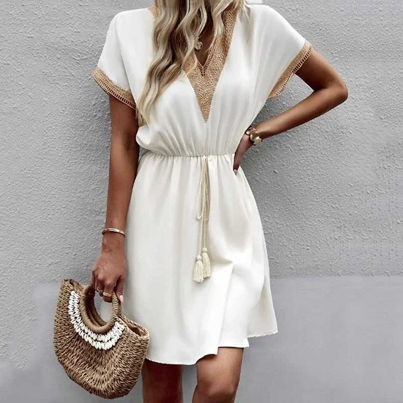 Summer Solid Short Sleeve Lace V Neck Waistband Female Beach Midi Short Dress Elegant Womens Sweet White Solid Color DressesT260314