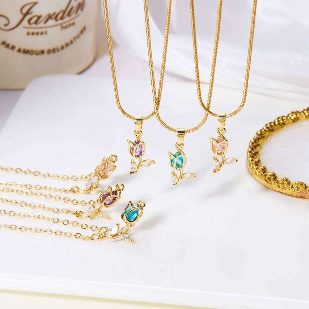 Light Zircon Tulip Flower Pendant Necklace for Women Elegant Stainless Steel Clavicle Chain Fashion Party Jewelry Gift H260312