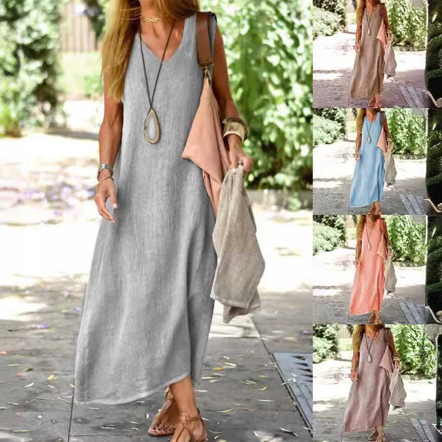 Summer Women V Neck Pullover Linen Dresses Solid Color Loose Waist Dress Female Daily Comfortable Casual Sleeveless Beach ClotheT260314
