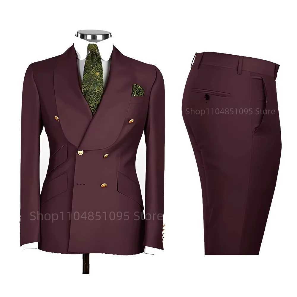 2 PCS Mens Smart Casual Solid Formal Tuxedo Suits with Shawl Lapel Double Breasted Jacket And Pants for Business And Wedding M260313