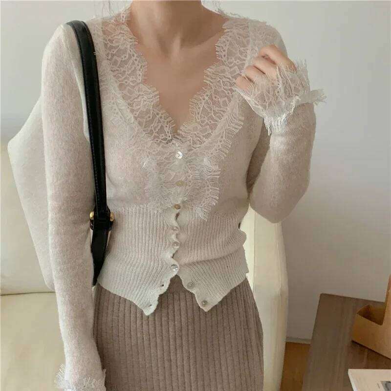 Seoulish Vintage Lace Knitted Cardigans for Women 2024 New Autumn Winter Solid Casual Slim Korean Style Ladies Tops Female Z260313