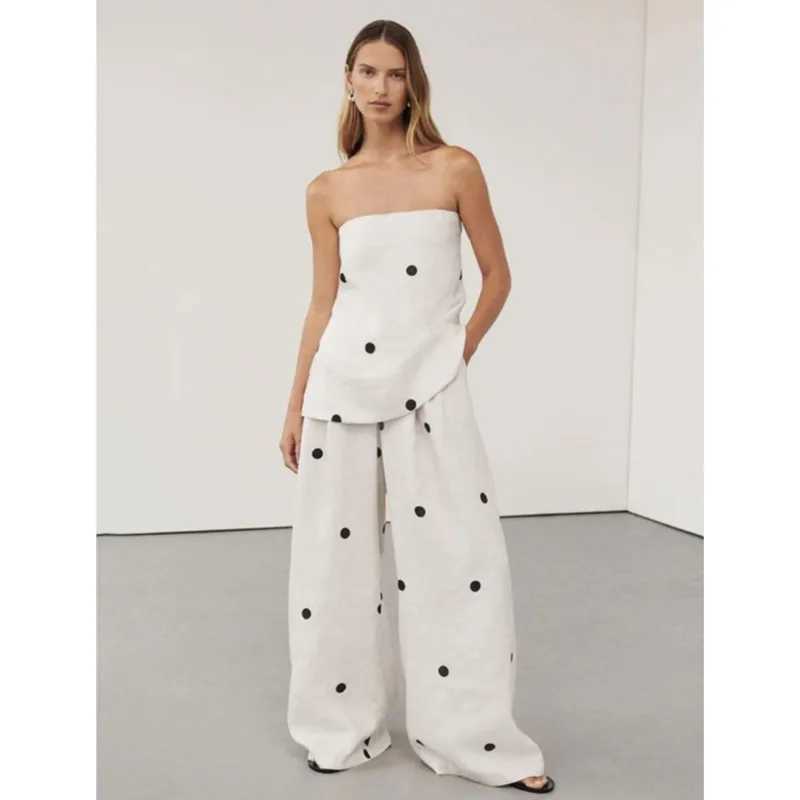 Women Fashion Backless Polka Dot Tops Pants Sets Loose Strapless Back Split Vest Pocket Wide Leg Pant 2025 Lady Vacation Outfits M260313