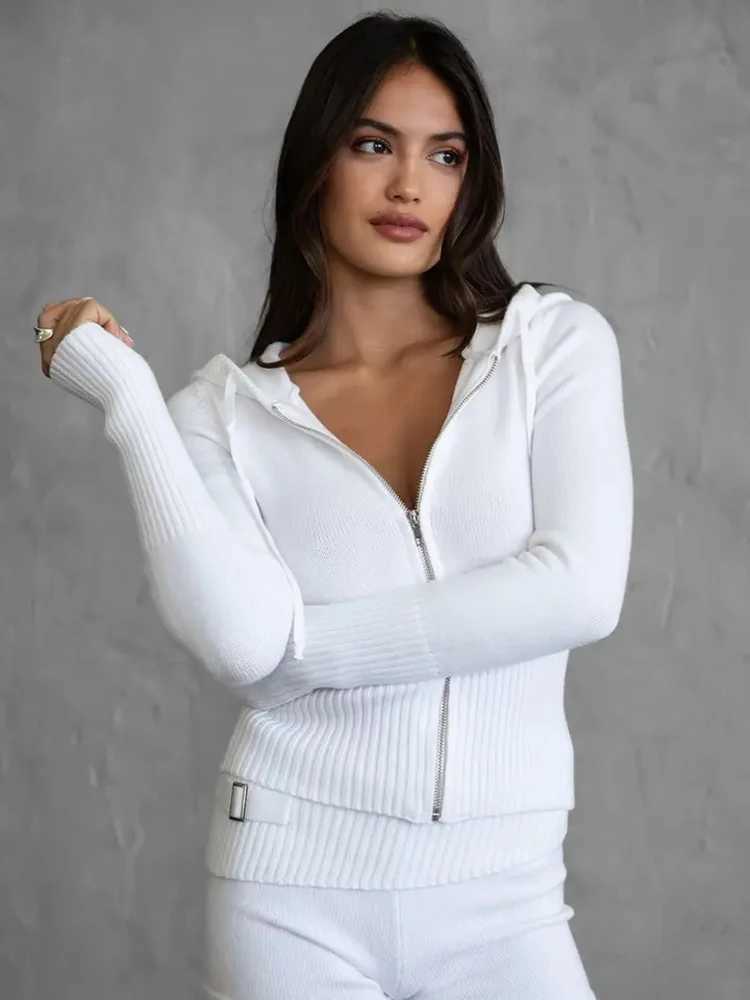 Spring Autumn Knitted Shorts Suit Women Long Sleeves Hooded Zipper Topshigh Waist Slim Shorts Female Solid Knit Two Piece Set M260313