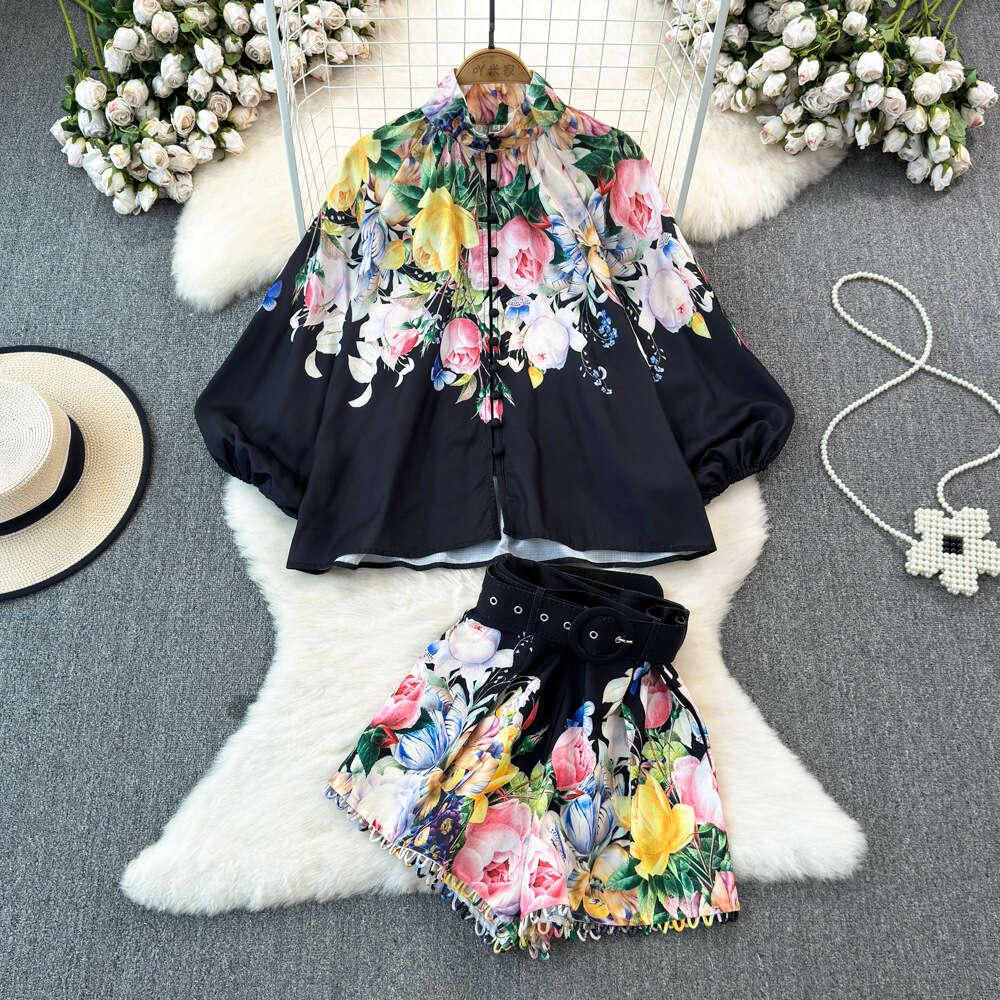 2026 Women's Fashion European and American Style Lantern Long Sleeve Stand Collar Loose Printed Top A14 High Waist Two Piece Set