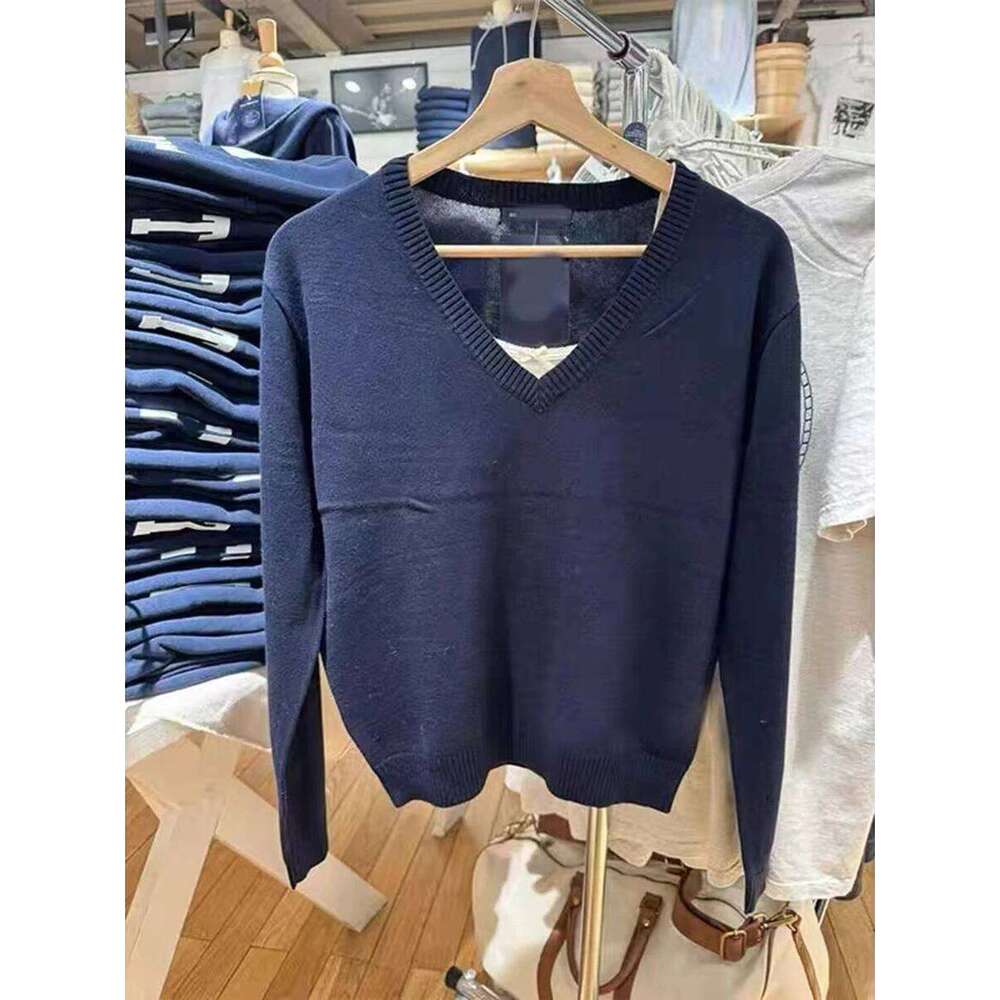 Solid V Neck Vintage Knitted Sweater Women Autumn Winter Cotton Long Sleeve Pullover Jumper Navy Simple Slim Streetwear Tops Y2k Z260313