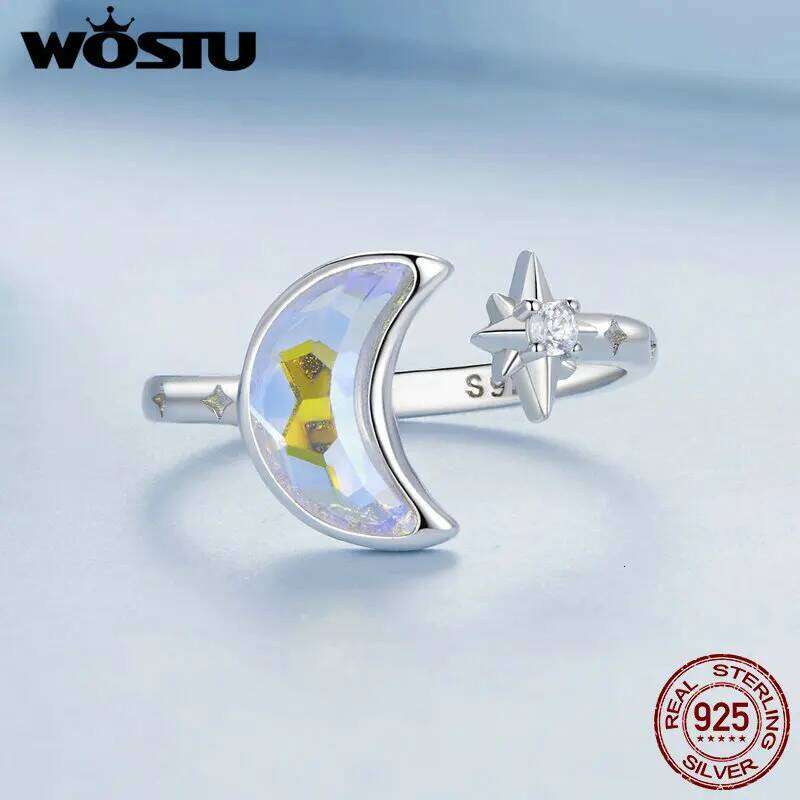 WOSTU 925 Sterling Silver Moon Star Open ring For Women Rainbow Moonstone Zircon Adjustable Rings ly Party Jewelry Gift New H260312