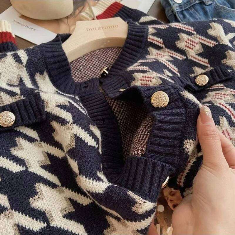 Women Retro Houndstooth Luxury Chic Single Breasted Knitted Cardigan Autumn Winter Casual O Neck Long Sleeve Loose Sweater Coat Z260313