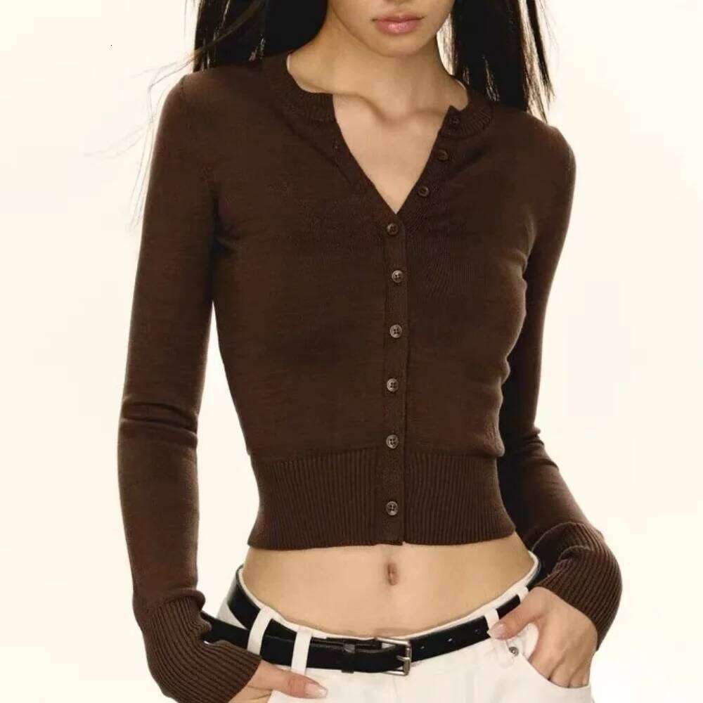 Korean fashion crop cardigan sexy cropped sweaters for women 2024 Winter vintage clothes black cardigans long sleeve top brown Z260313