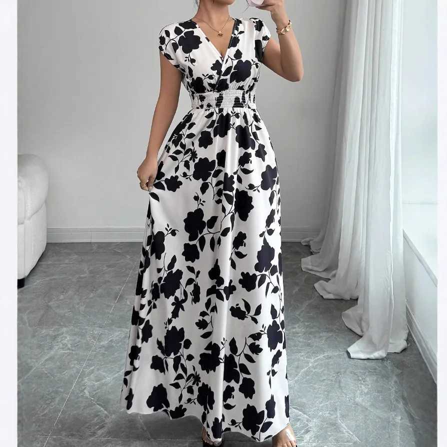 Summer Womens V-neck Dress Short-sleeved High-waisted Plant Print Simple Fashion Holiday Casual Long Dress for FemaleT260314