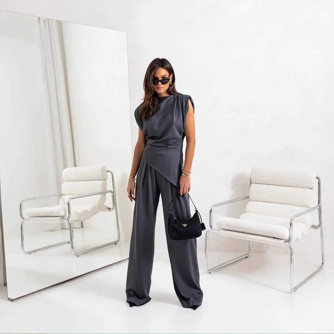 Womens Pleated Asymmetry Top Pants Suit Sexy Sleeveless Blouse High-waist Pocket Straight-leg Trousers Summer New Set Fashion M260313