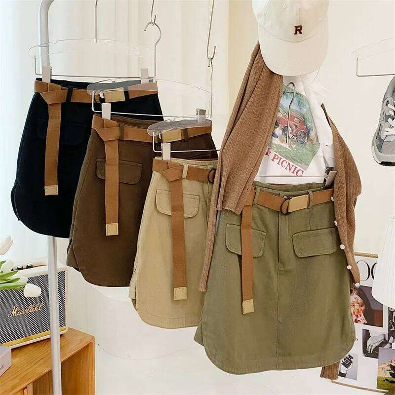Korean Denim Skirt Women's Safari Style Short High Waist Belt Cargo Jean Ladies Casual A-line Skirts Spring Autumn Z260314