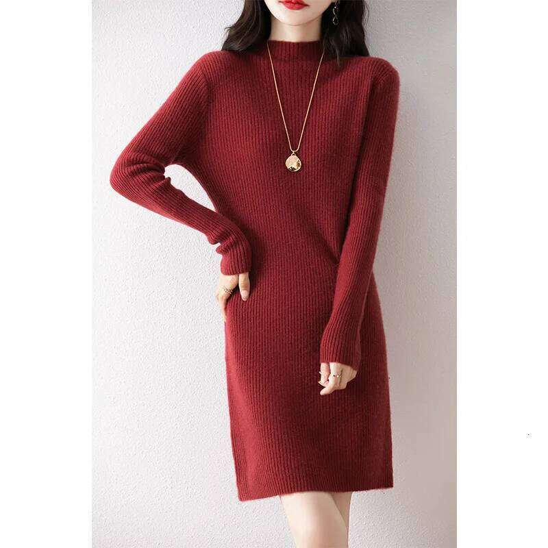 New 100% Merino Wool Knitted Hot Selling in Autumn and Winter Slimming Long Women's Dress Z260313