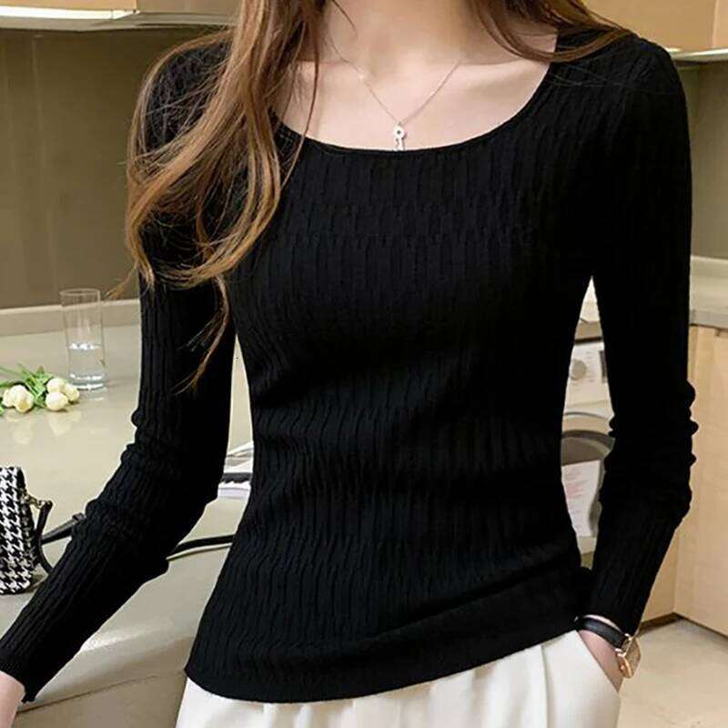 Square Collar Solid Bottoming Long Sleeve Slim Knit Pullovers Casual Office Sweater Women 2025 Fall Winter Z260314
