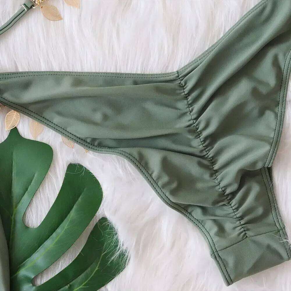 2025 Sexy Rhinestone Leaf Pendant Metal Chain Solid Swimwear Swimsuit Women Bikinis Set Bathing Suit Beach Bikini Female Y260303